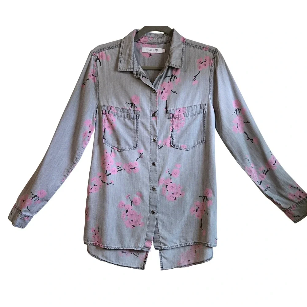 Billy T Grey Pink Cherry Blossom Floral Button Down Lyocell‎ Shirt Small